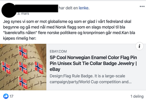 Et tidlig eksempel på oppfordring til å kjøpe jakkemerke med norsk flagg.