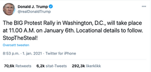 President Trump tvitret om demonstrasjon mot valgfusk 1. januar.
