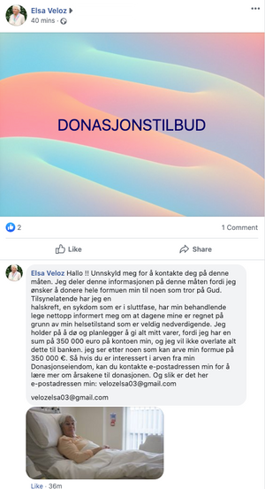 Det samme «donasjonstilbudet» ble postet i to ulike norske Facebook-grupper.