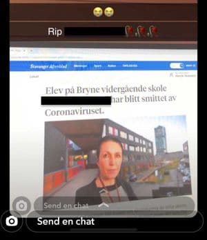 Bildet viser en Snapchat-melding der en manipulert artikkel fra Stavanger Aftenblad blir spredt.