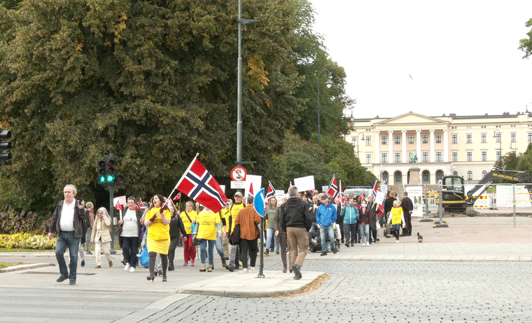 Deltakerne i Grunnlovsmarsjen sang nasjonalsangen og ropte slagord til støtte for ytringsfriheten på vei fra Slottet til Stortinget.